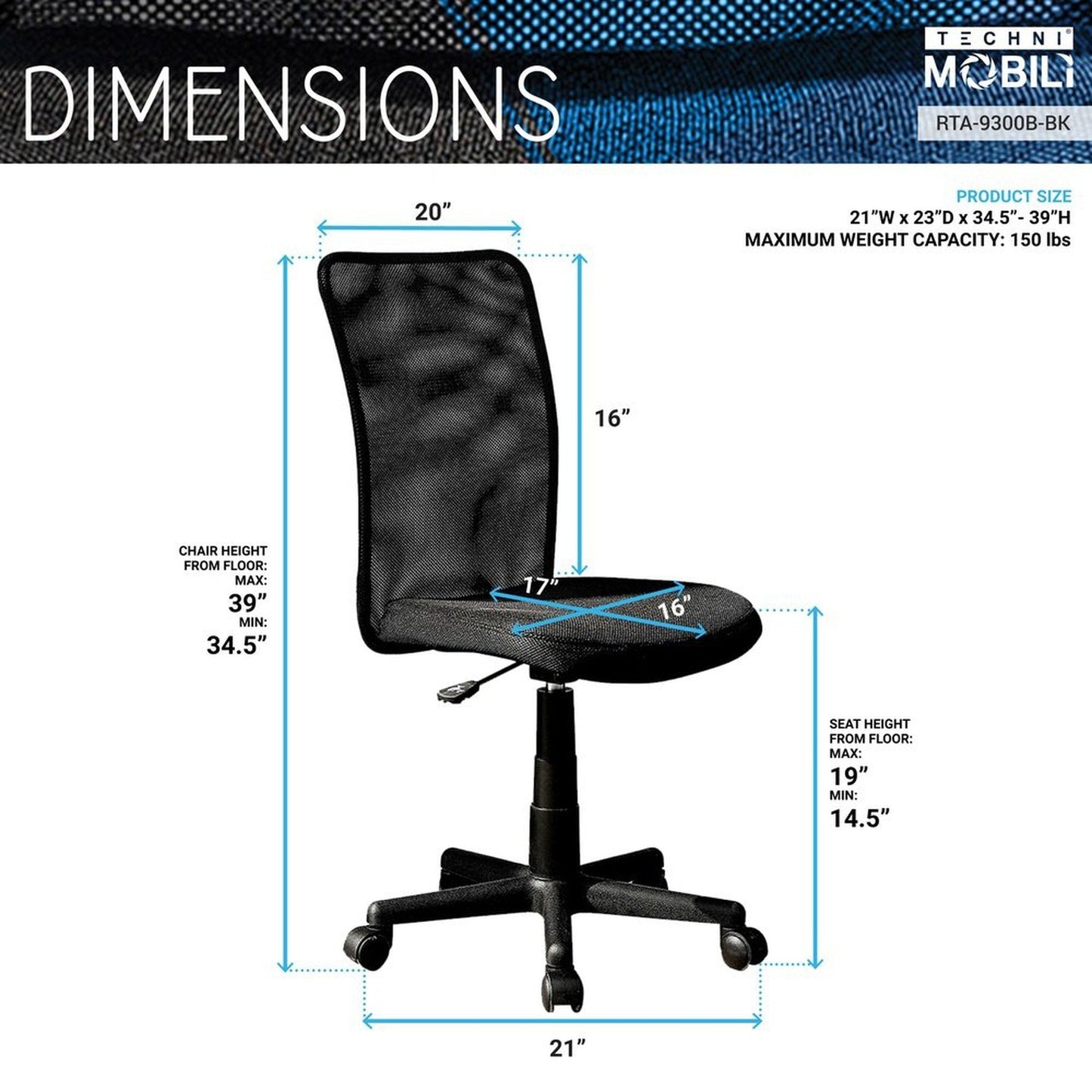 Techni Mobili Mesh Task Office Chair, Black by Level Up Desks