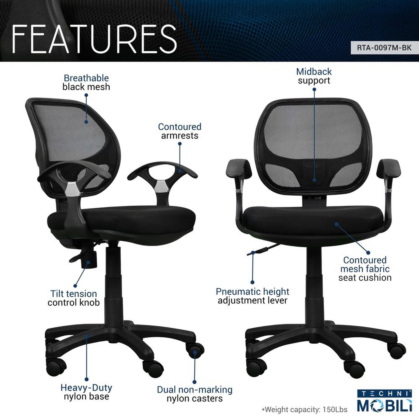 Techni Mobili Midback Mesh Task Office Chair, Black by Level Up Desks