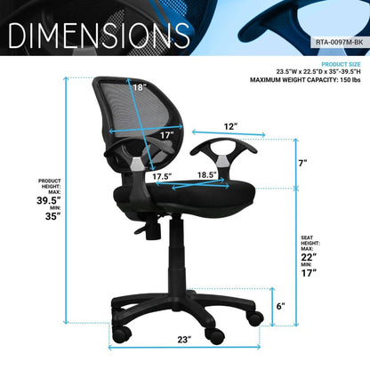 Techni Mobili Midback Mesh Task Office Chair, Black by Level Up Desks