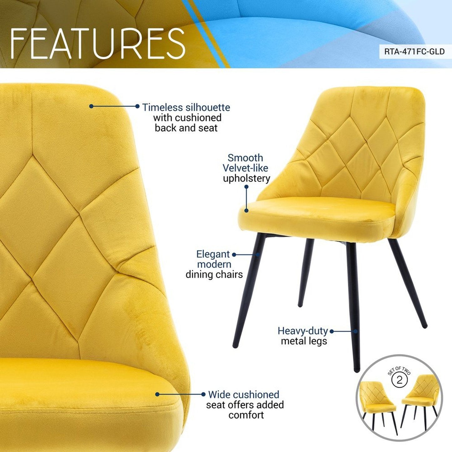 Techni Mobili Modern Contemporary Gold Tufted Velvet Chair (Set of 2) by Level Up Desks