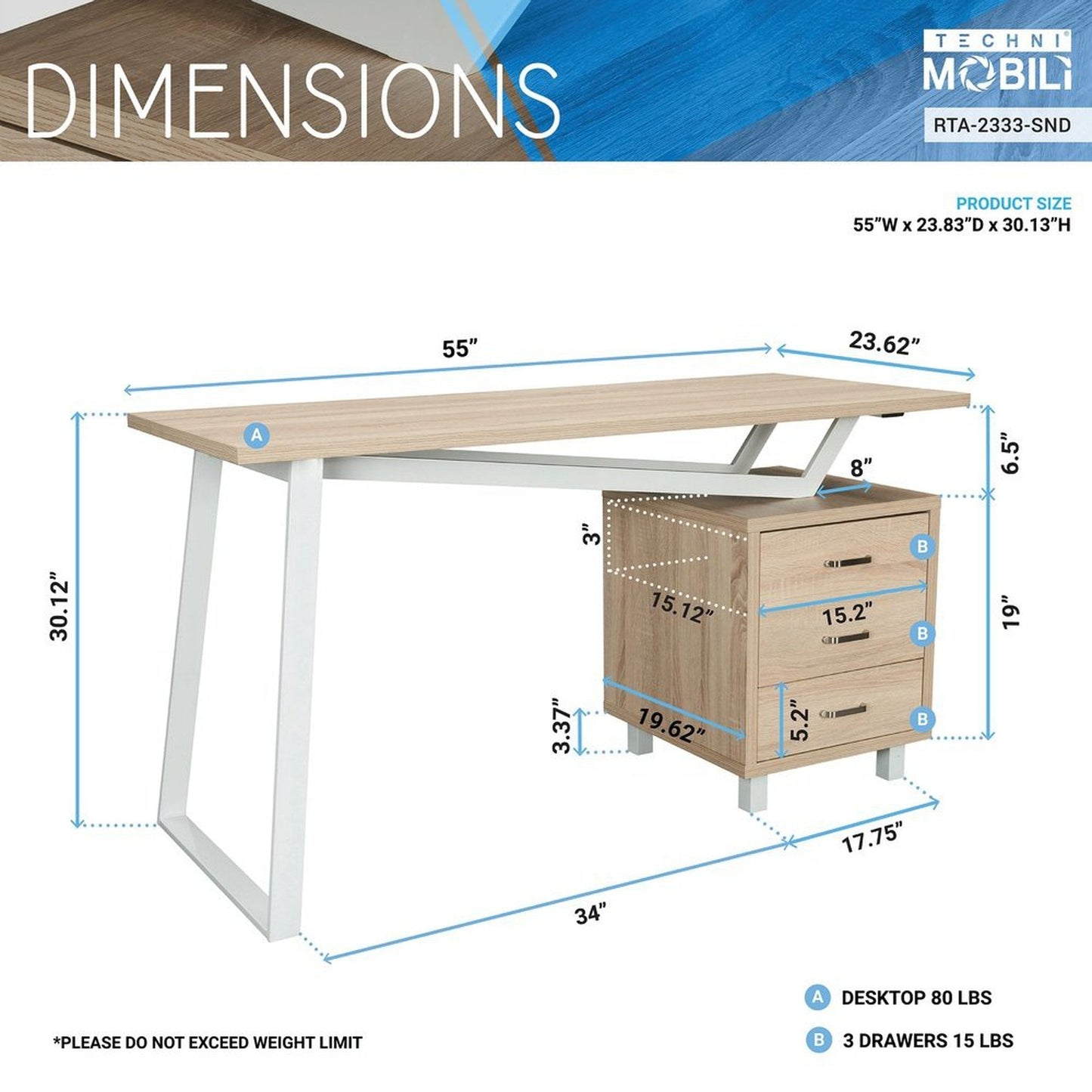 Techni Mobili Modern Design Computer Desk with Storage, Sand by Level Up Desks