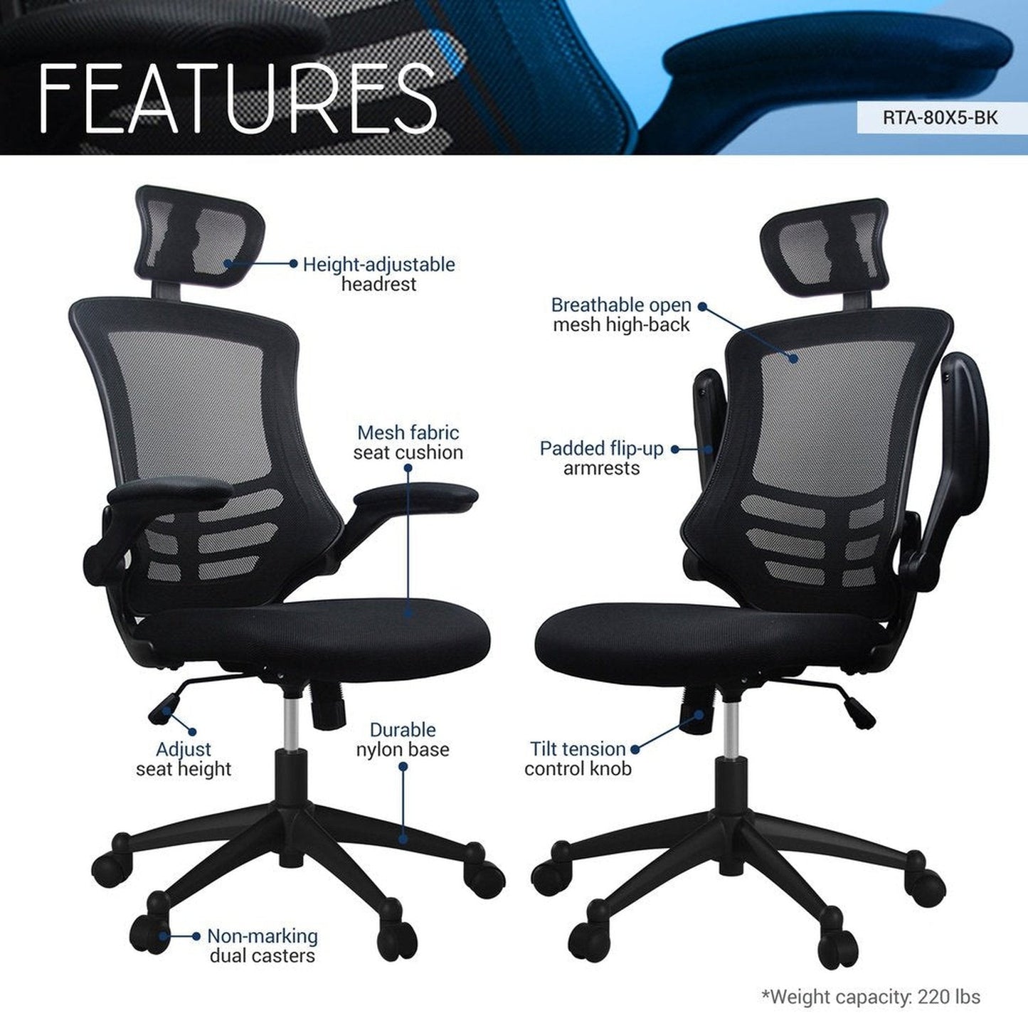 Techni Mobili Modern High-Back Mesh Executive Office Chair with Headrest and Flip-Up Arms, Black by Level Up Desks