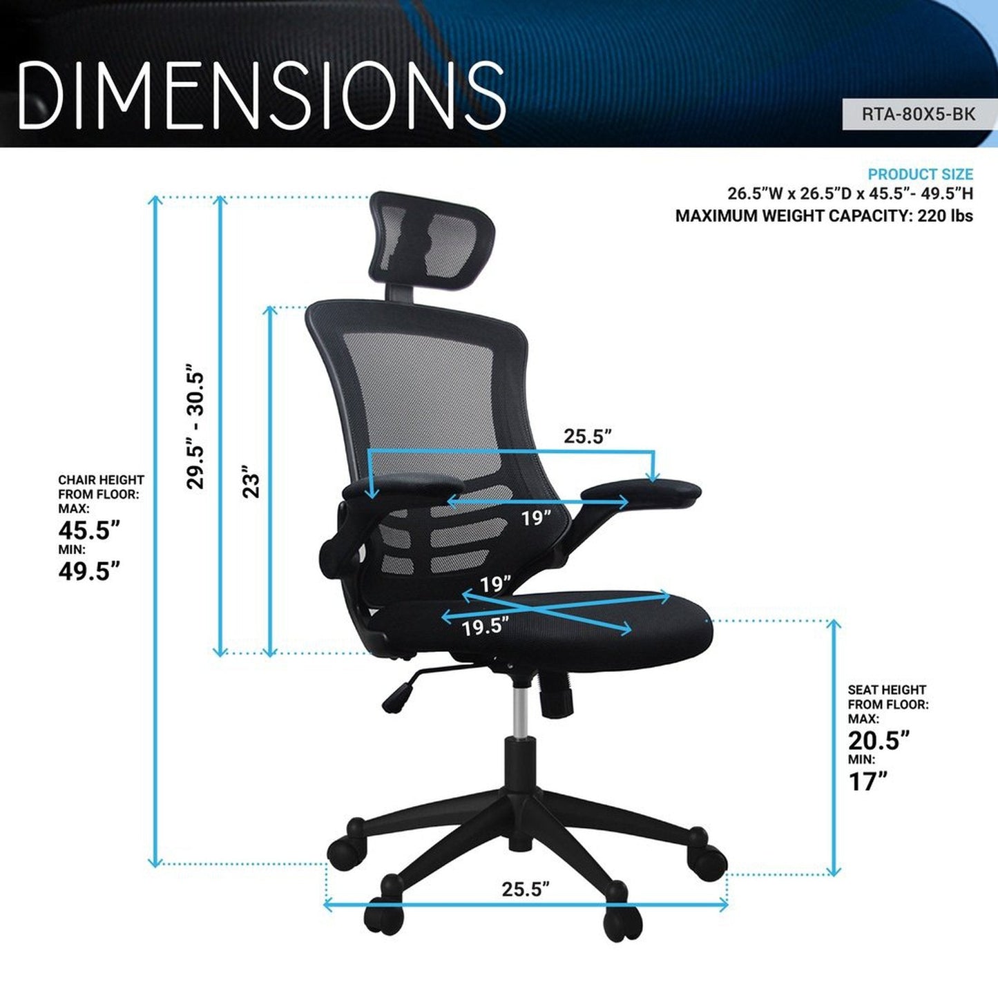 Techni Mobili Modern High-Back Mesh Executive Office Chair with Headrest and Flip-Up Arms, Black by Level Up Desks