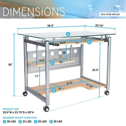Techni Mobili Rolling Computer Desk, Glass and Silver by Level Up Desks