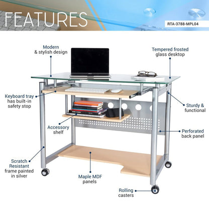 Techni Mobili Rolling Computer Desk, Glass and Silver by Level Up Desks
