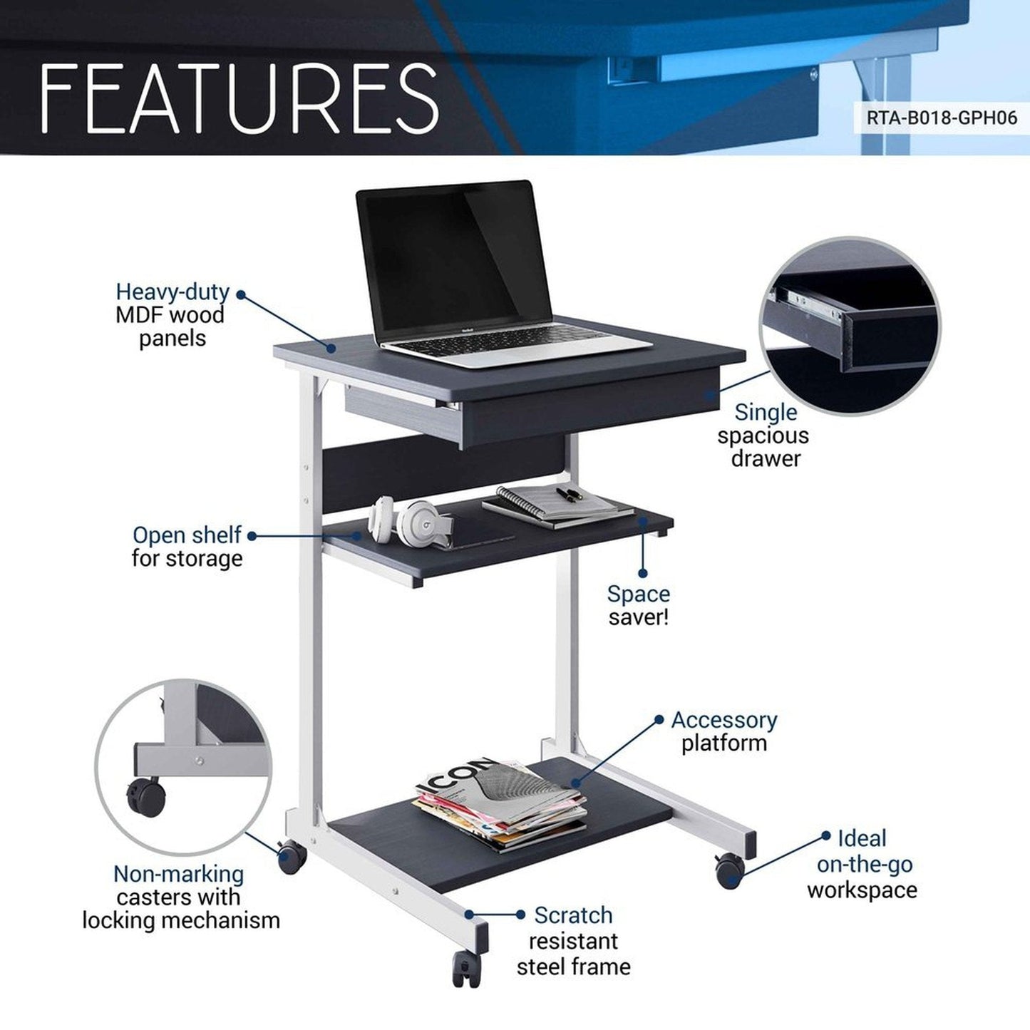 Techni Mobili Rolling Laptop Cart with Storage, Graphite by Level Up Desks