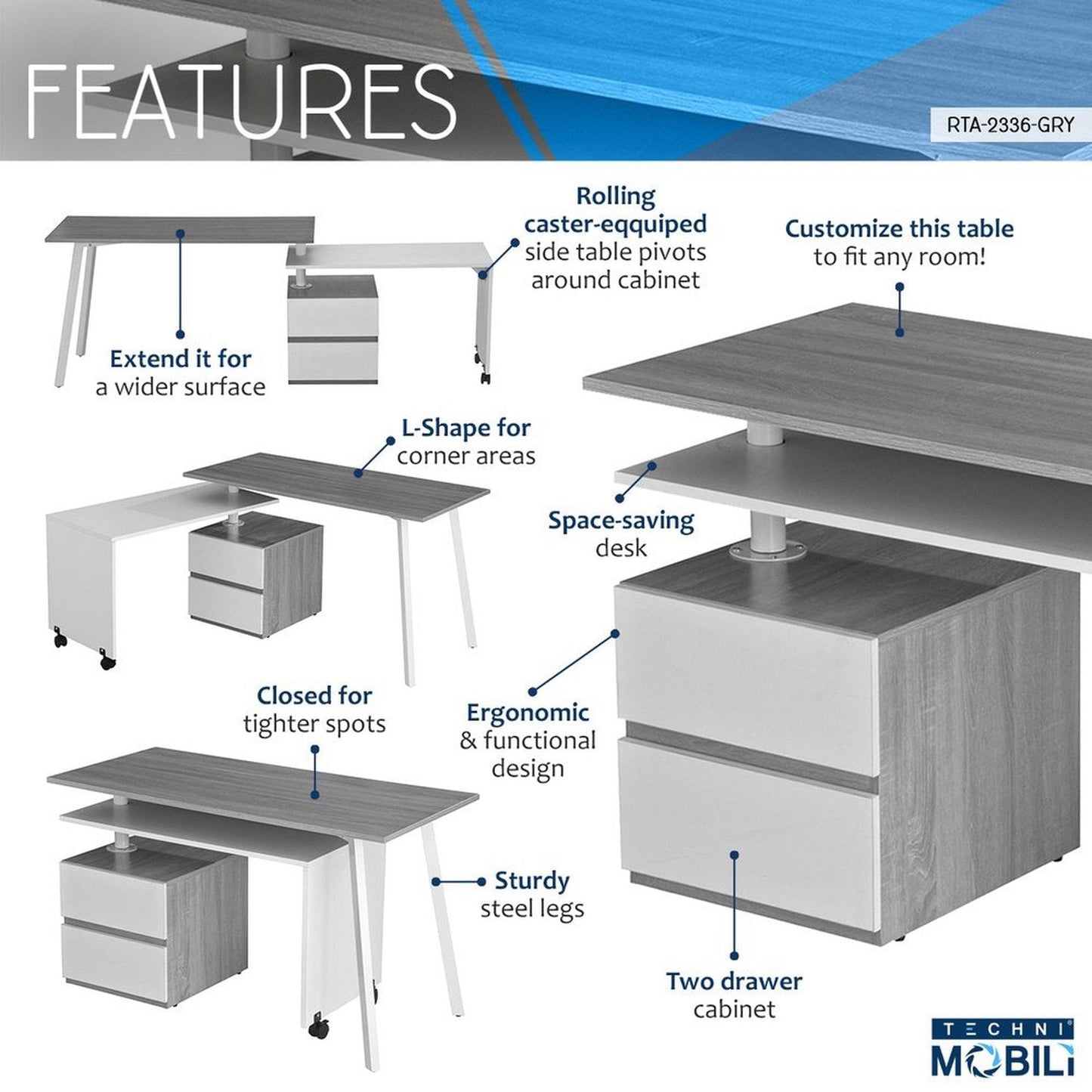 Techni Mobili Rotating Multi-Positional Modern Desk, Grey by Level Up Desks
