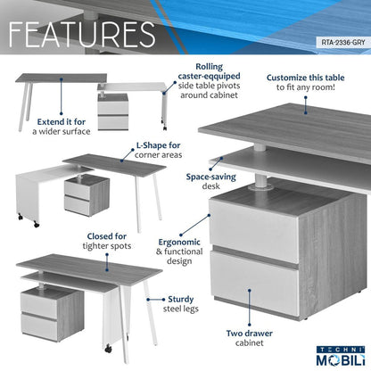 Techni Mobili Rotating Multi-Positional Modern Desk, Grey by Level Up Desks
