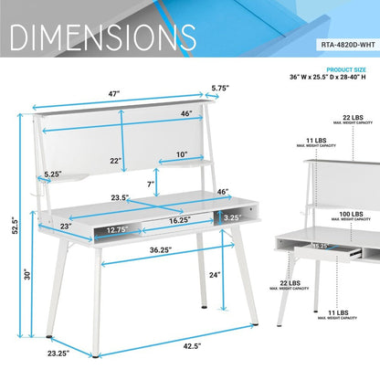 Techni Mobili Study Computer Desk with Storage & Magnetic Dry Erase White Board, White by Level Up Desks