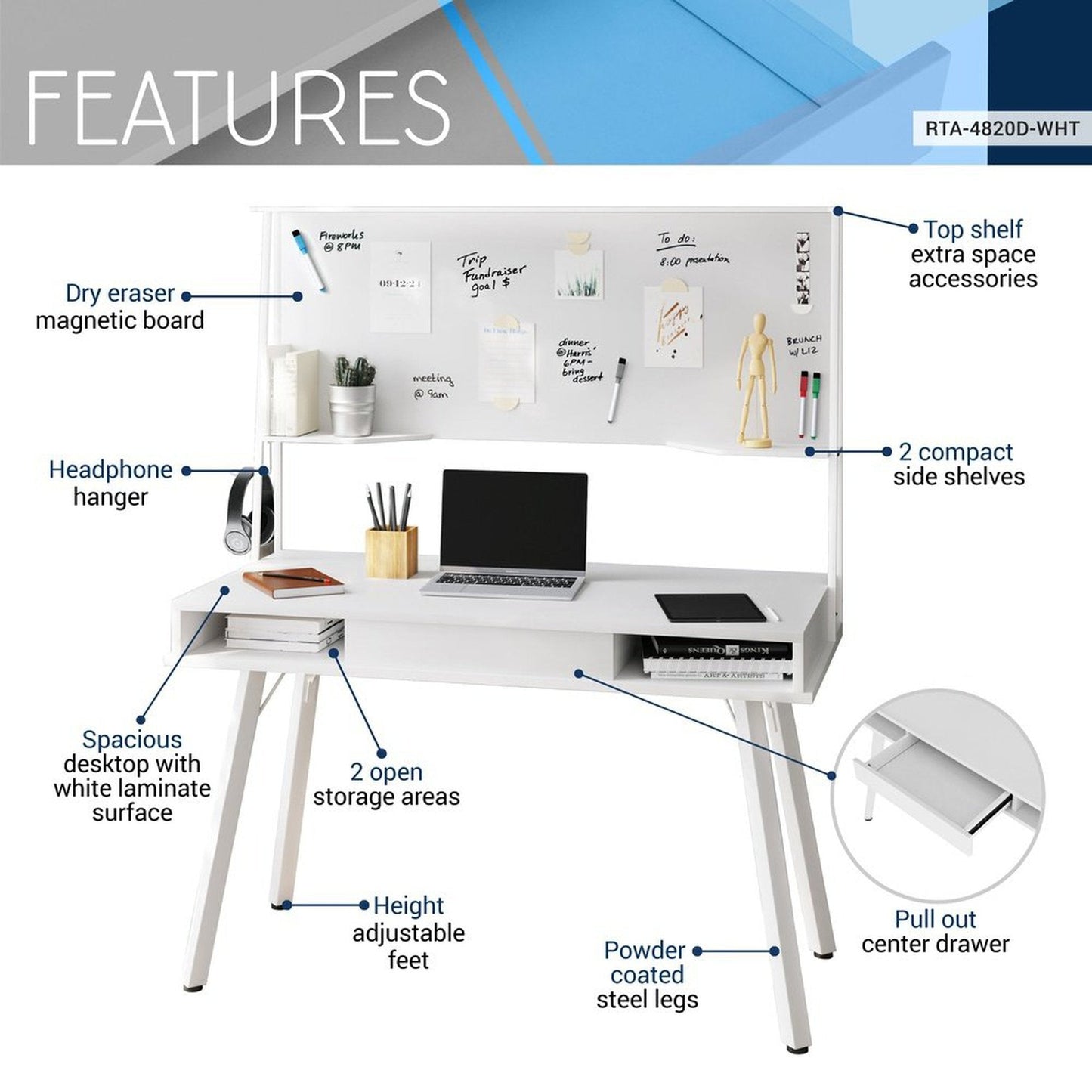 Techni Mobili Study Computer Desk with Storage & Magnetic Dry Erase White Board, White by Level Up Desks
