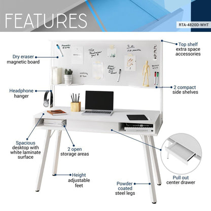 Techni Mobili Study Computer Desk with Storage & Magnetic Dry Erase White Board, White by Level Up Desks