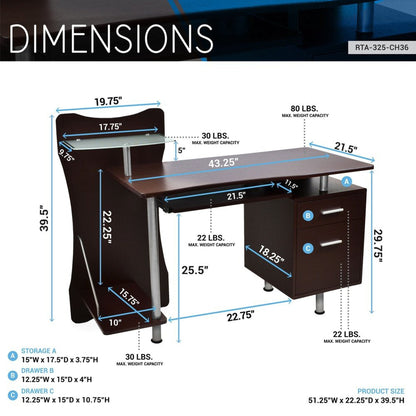 Techni Mobili Stylish Computer Desk with Storage, Chocolate by Level Up Desks