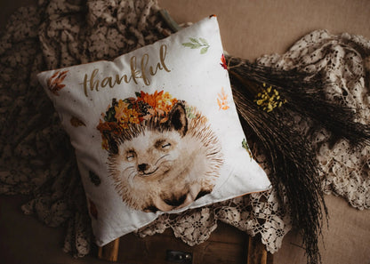 Thankful Hedgehog Pillow Cover | 16x16 Throw Pillow Thanksgiving Décor | Farmhouse Pillows | Country Decor | Fall Throw Pillows | Gift by UniikPillows