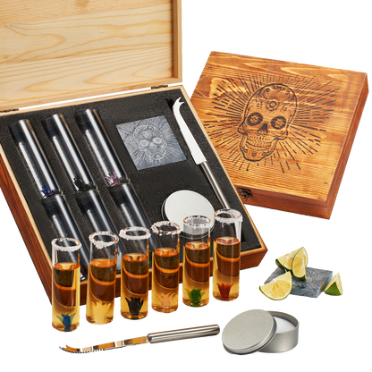 Tequila Shot Glass & Salt Gift Set for Men & Women | Six Agave Shot Glasses, Knife For Limes, One Skull Coaster, One Salt Tin | Skeleton Mahogany Wood Box Package For Tequila, Liquor Lovers by The Wine Savant