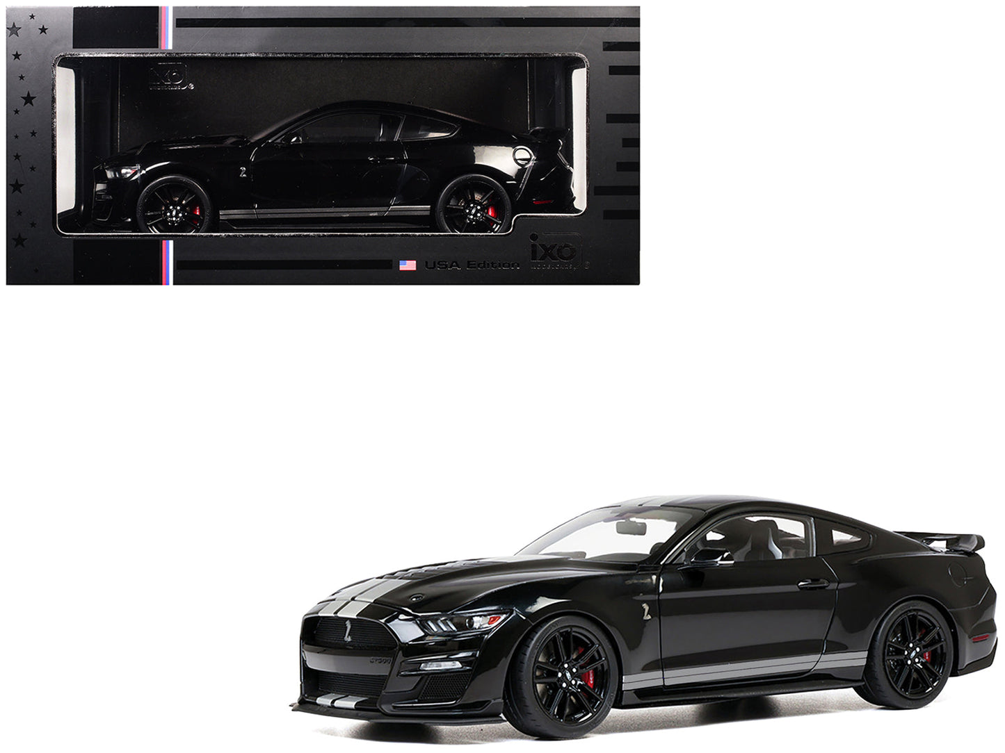 2022 Ford Mustang Shelby GT500 Black with Silver Stripes 1/18 Diecast Model Car by IXO Models  free shipping USA