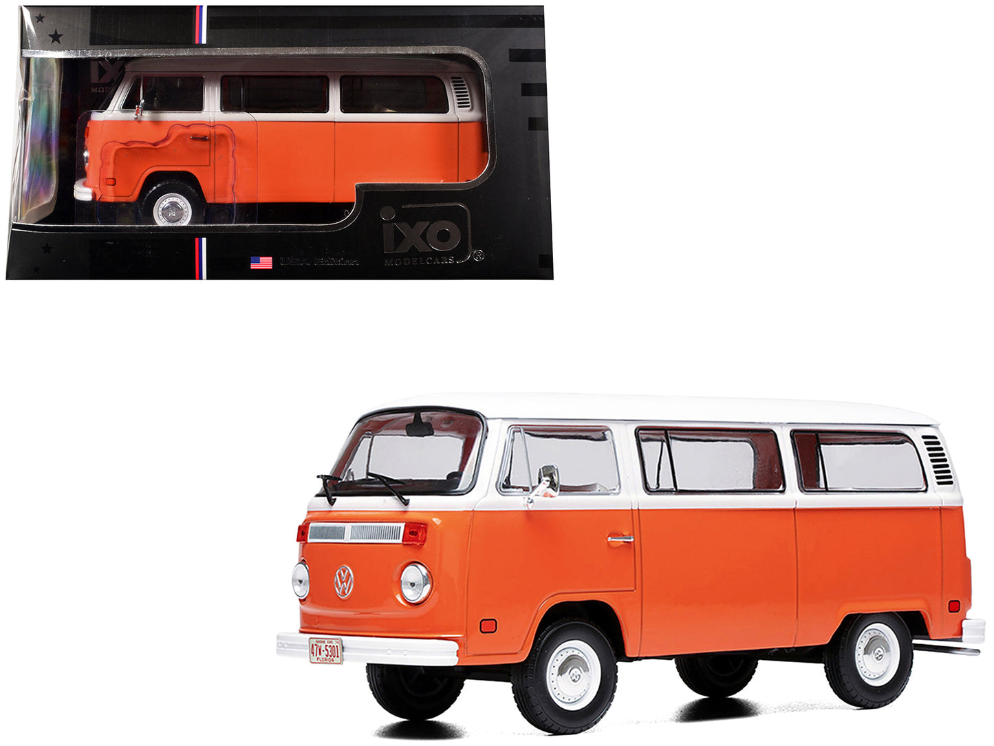 1974 Volkswagen T2 Bus Orange and White 1/24 Diecast Model by IXO Models  free shipping USA