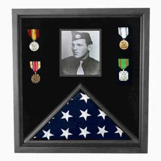 Military Photo Flag and Medal Display Case - Black