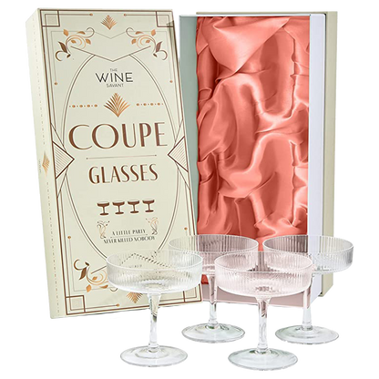 Ribbed Coupe Cocktail Glasses 8 oz | Set of 4 | Classic Manhattan Glasses For Cocktails, Champagne Coupe, Ripple Coupe Glasses, Art Deco Gatsby Vintage, Crystal with Stems (Clear) by The Wine Savant