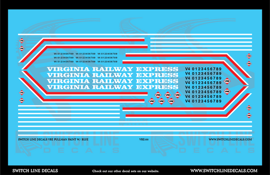 HO Scale VRE Virginia Railway Express Blue/Silver Pullman Car Decal Set