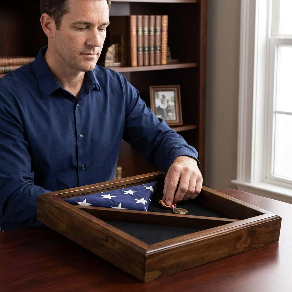 Flag Display Box, Tempered Glass & Pine Wood Construction – Cherry or Black Finish