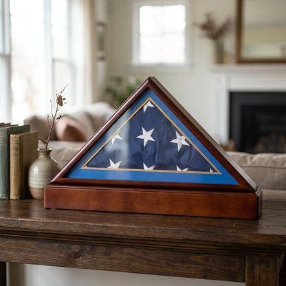 Burial/Funeral Flag Display Case Frame, Military Shadow Box with Pedestal Stand - Engraved Emblem