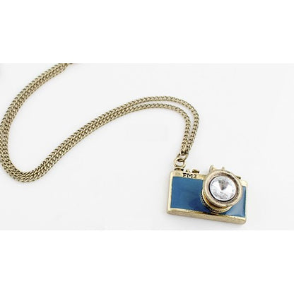 Vintage Camera Necklace in Teal | Antique Brass Long Chain | Gift Box by The Bullish Store