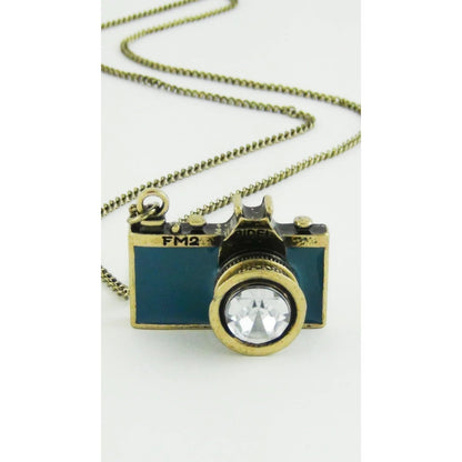 Vintage Camera Necklace in Teal | Antique Brass Long Chain | Gift Box by The Bullish Store