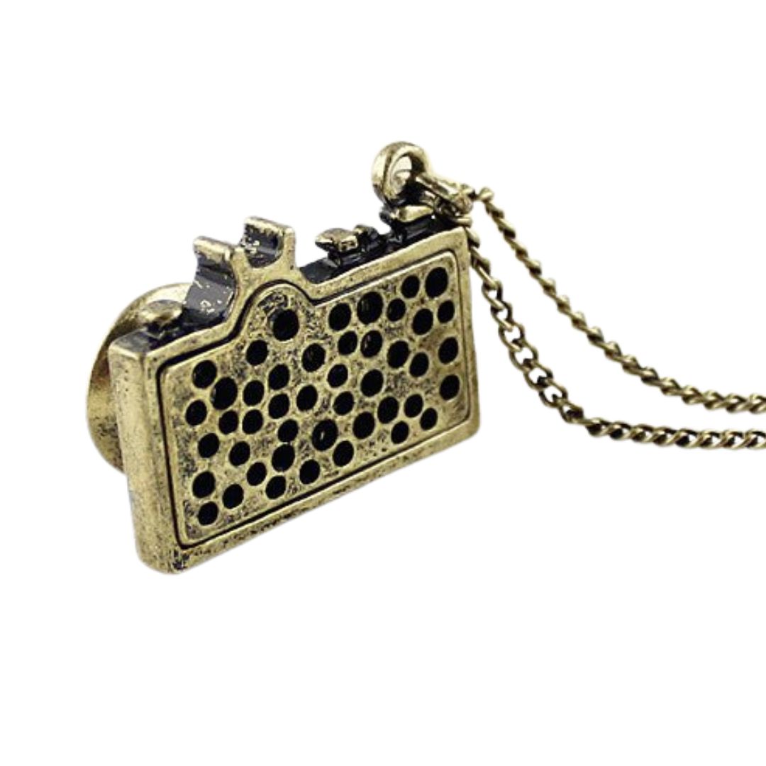 Vintage Camera Necklace in Teal | Antique Brass Long Chain | Gift Box by The Bullish Store