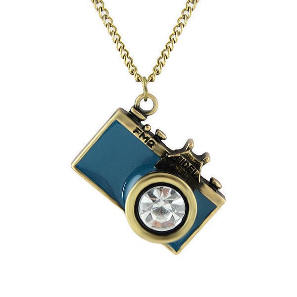 Vintage Camera Necklace in Teal | Antique Brass Long Chain | Gift Box by The Bullish Store