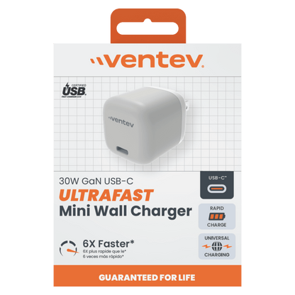Ventev 30W PD PPS USB C GaN Mini Wall Charger Gray, White by Ventev
