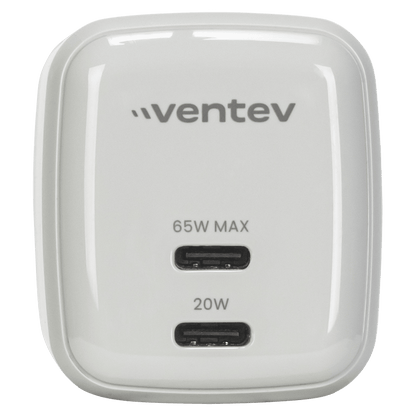 Ventev 65W ULTRAFAST USB C Universal Dual GaN Mini Wall Charger Gray, White by Ventev