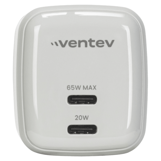 Ventev 65W ULTRAFAST USB C Universal Dual GaN Mini Wall Charger Gray, White by Ventev