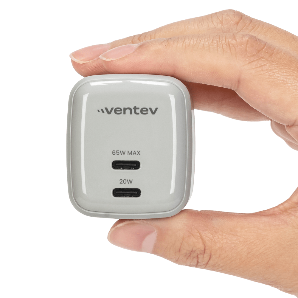 Ventev 65W ULTRAFAST USB C Universal Dual GaN Mini Wall Charger Gray, White by Ventev