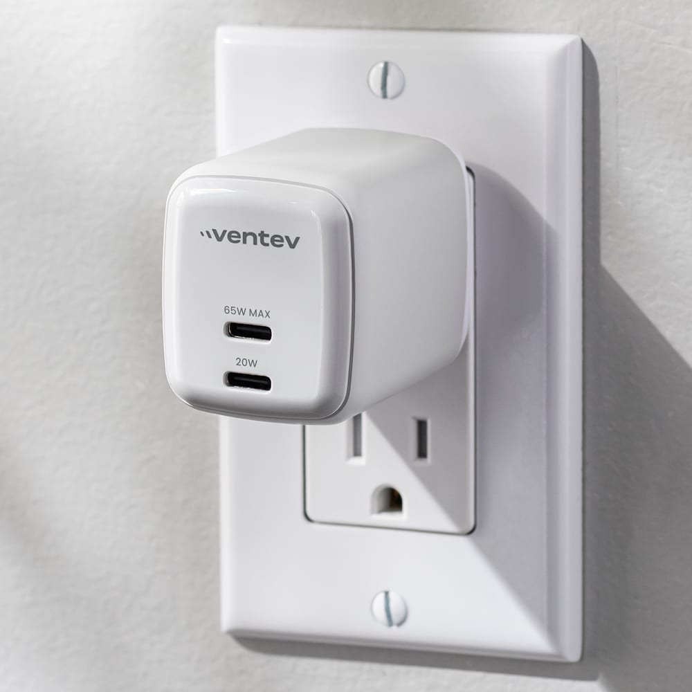 Ventev 65W ULTRAFAST USB C Universal Dual GaN Mini Wall Charger Gray, White by Ventev