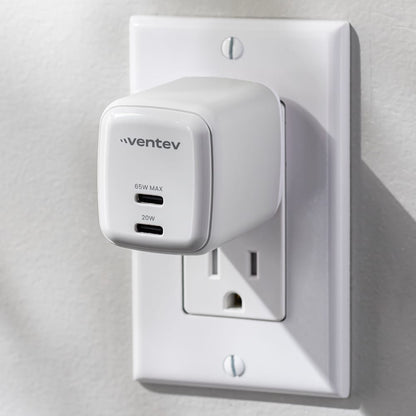 Ventev 65W ULTRAFAST USB C Universal Dual GaN Mini Wall Charger Gray, White by Ventev