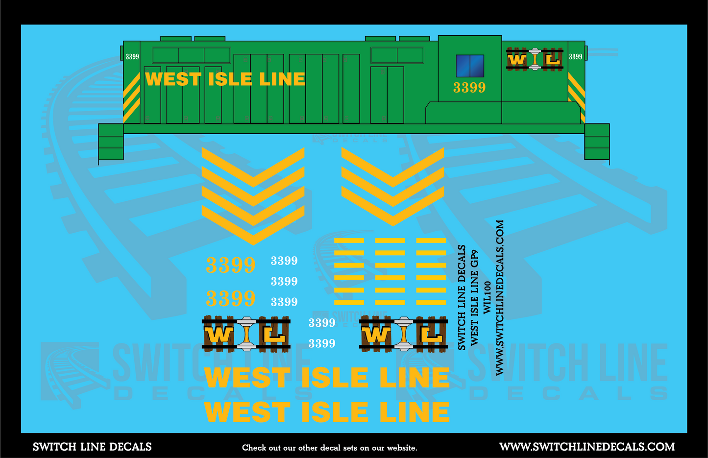 HO Scale West Isle Line EMD GP9 3399 Locomotive Decal Set