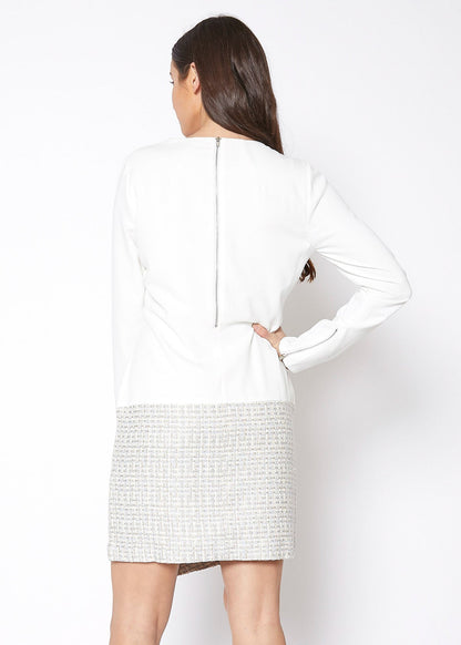 Tweed Hem Faux Wrap Dress In Ivory by Shop at Konus