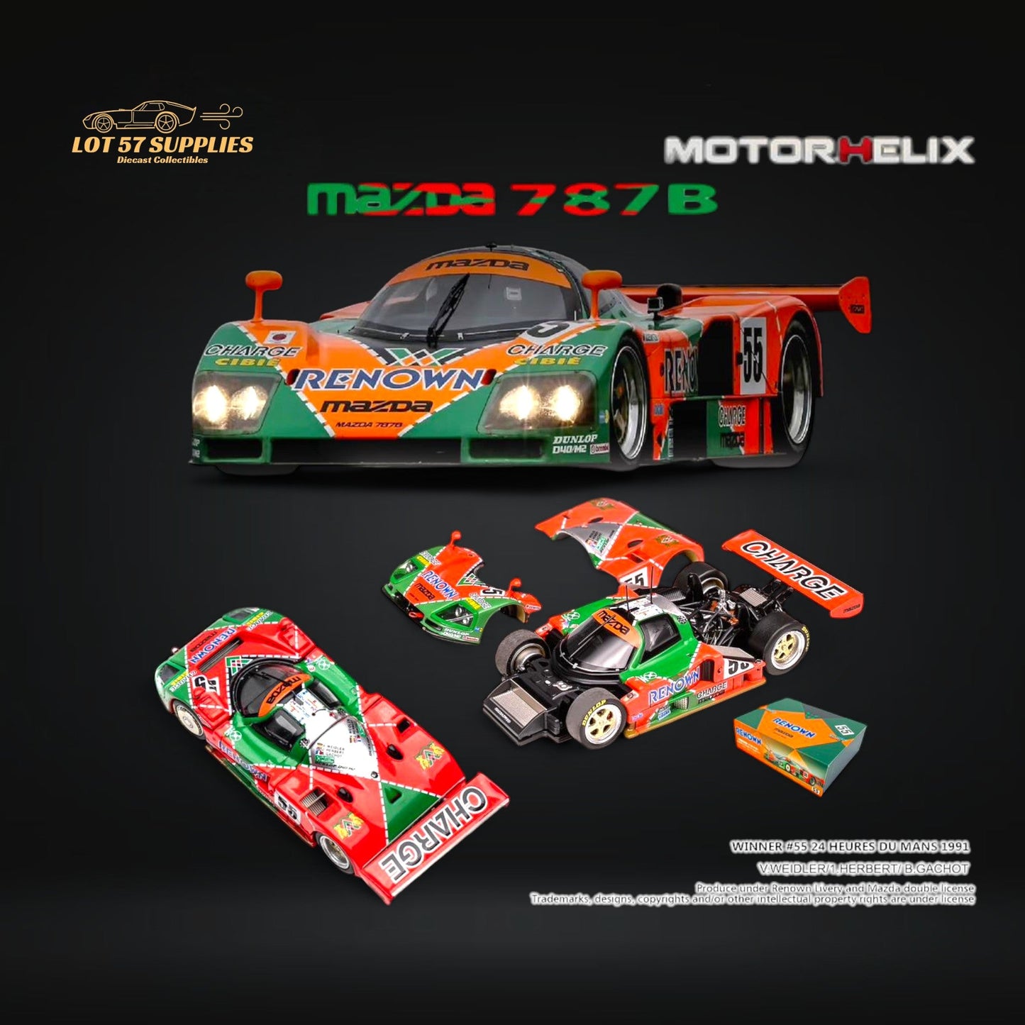 (Pre-Order) MOTORHELIX Mazda 787b #55 Le Mans Championship 1991 Winner 1:64