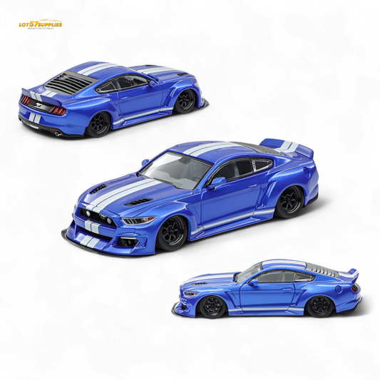 (Pre-Order) Liberty 64 Mustang Lowered Widebody Kit - Metallic Blue + White Stripes 1:64