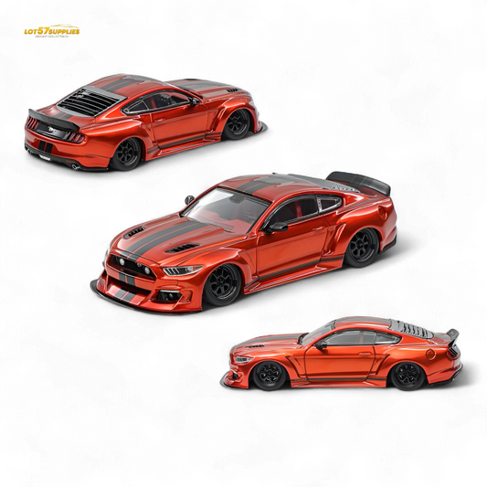 (Pre-Order) Liberty 64 Mustang Lowered Widebody Kit - Metallic Orange + Black Stripes 1:64