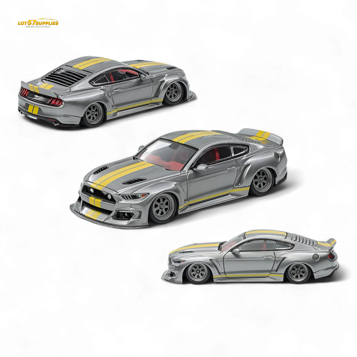 (Pre-Order) Liberty 64 Mustang Lowered Widebody Kit - Metallic Silver + Yellow Stripes 1:64