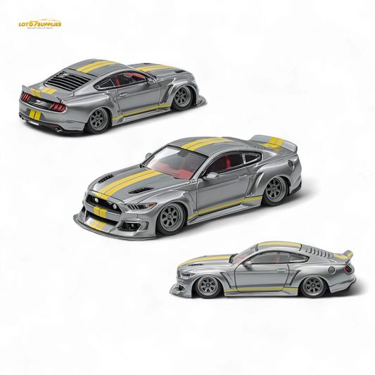 (Pre-Order) Liberty 64 Mustang Lowered Widebody Kit - Metallic Silver + Yellow Stripes 1:64
