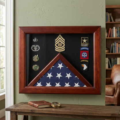 Military Flag medal display case, Mahogany wood for 3x5 flag with Dimensions 19H x 24W x3D
