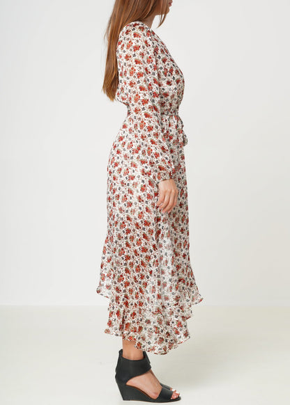 Floral Asymmetrical Ruffle Hem Wrap Dress In Victoria Garden by Shop at Konus