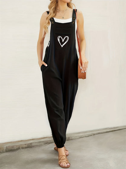 Heart Square Neck Wide Strap Overalls