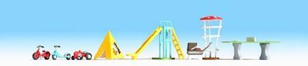 Noch 14814 HO Scale Playground -- Ping-Pong Table, Monkey Bars, Slide, Tent