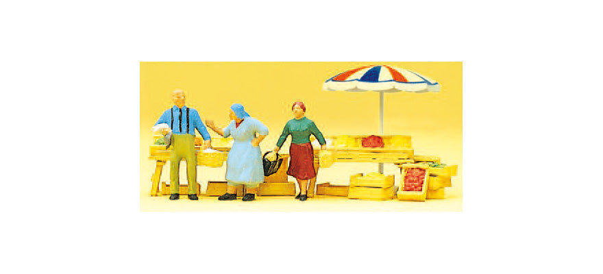 Preiser 10056 HO Scale At the Market Stalls Kit w/Figures