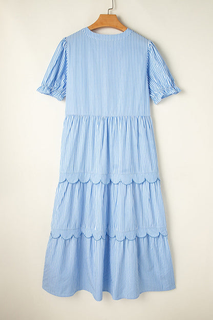 Stripe Bubble Short Sleeve Tiered Scallop Midi Dress