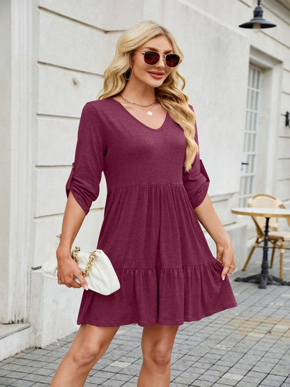 Tiered Ruched V-Neck Mini Dress