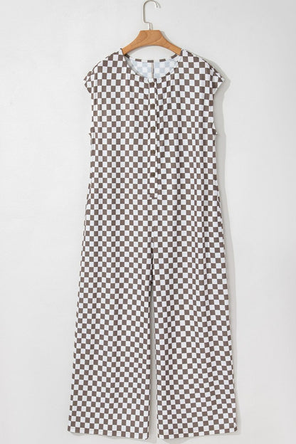 Checkered Print Crew Neck Wide Leg Jumpsuit